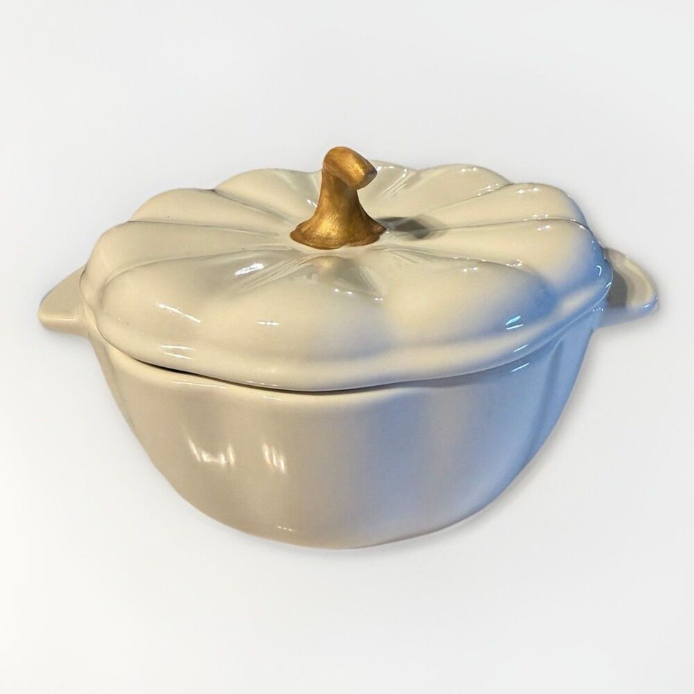 Pioneer Woman Mini Pumpkin Cocottes‎ Ceramic Casserole Dish Linen 13.5 oz
